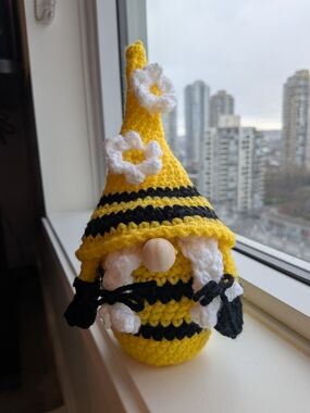 Handmade Bee Crochet Gnome with White Flowers